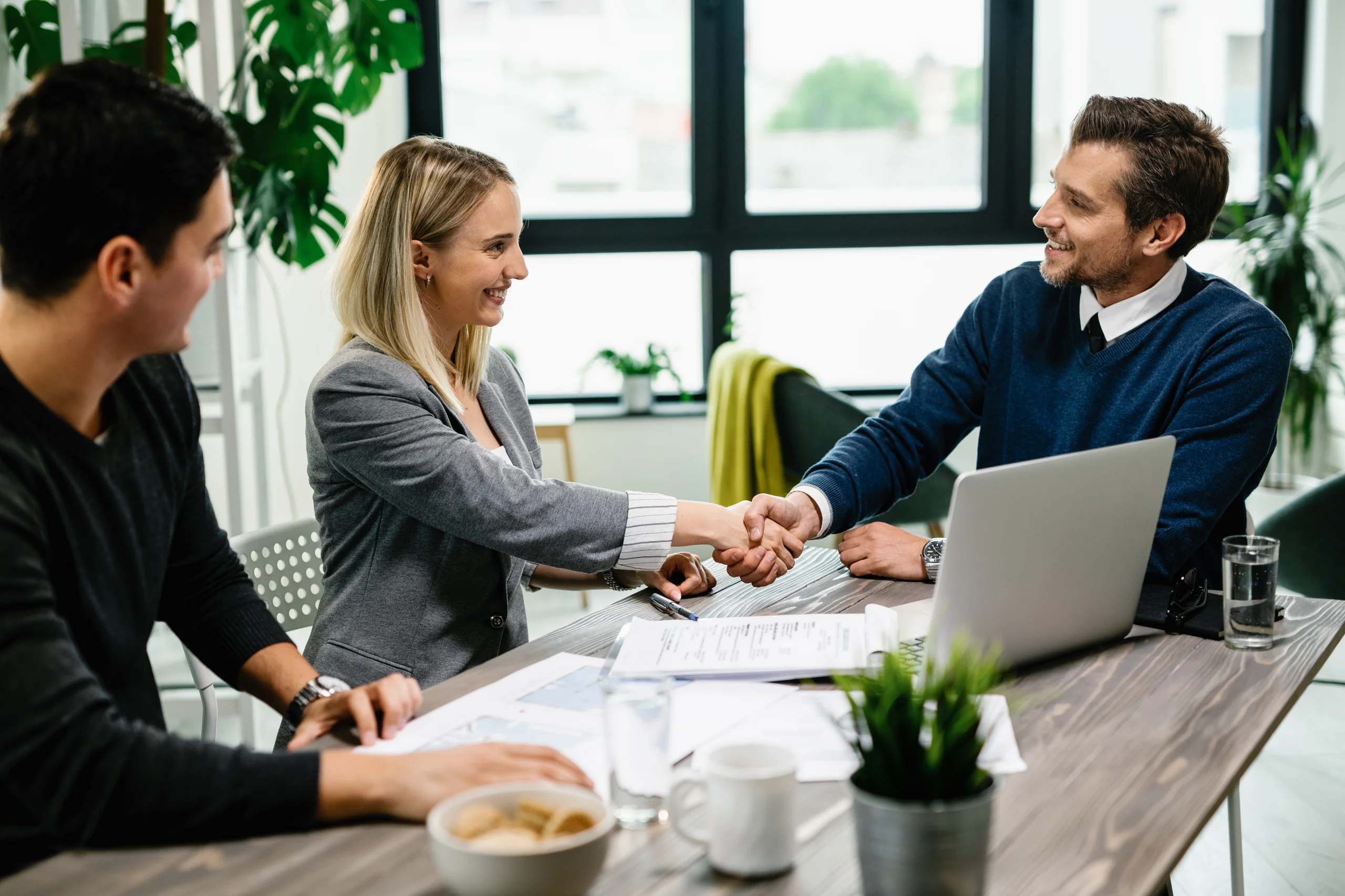 Advisers shaking hands across a table after agreeing a deal