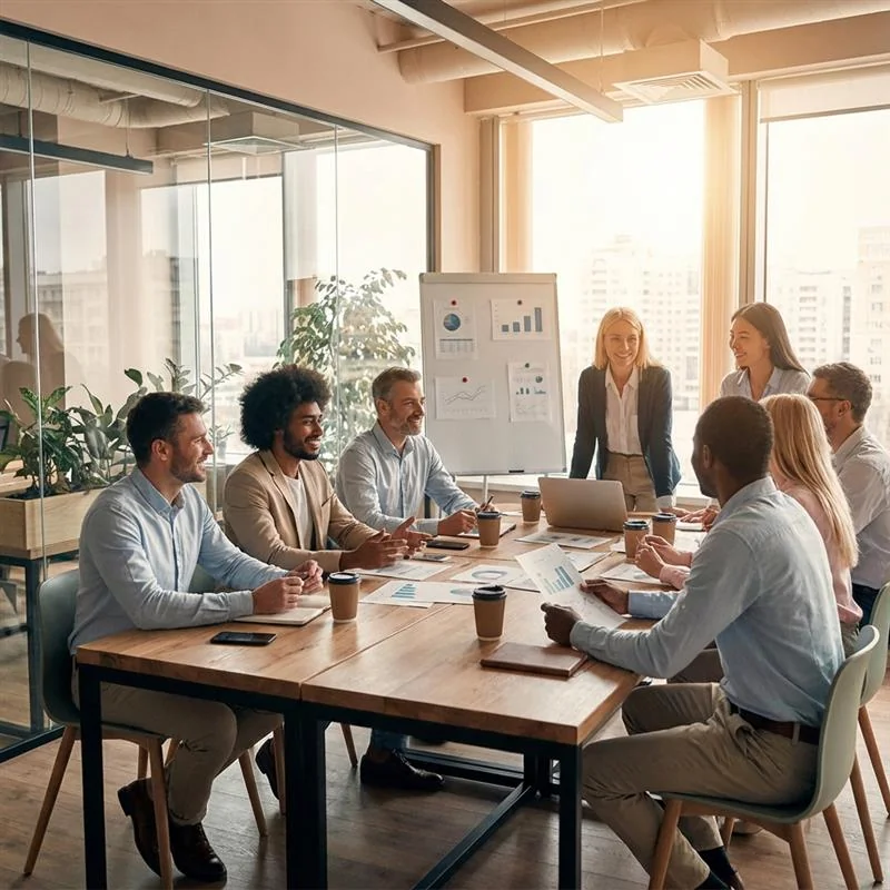 Finance team working through a plan around a meeting table