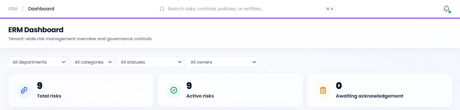 RiskMan GRC ERM dashboard header with department, category, status and owner filters and tiles for total risks, active risks and risks awaiting acknowledgement